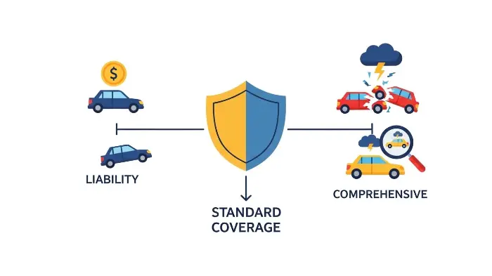 Infographic explaining standard auto insurance coverages like liability, collision, and comprehensive.
