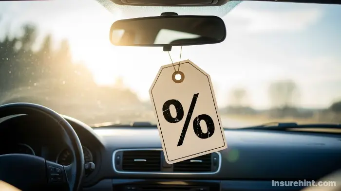A price tag with a percent sign hanging from a car's mirror, symbolizing discounts on car insurance.