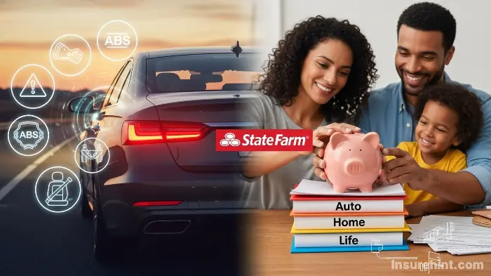 Split screen showing vehicle safety features and a family saving money by bundling policies.