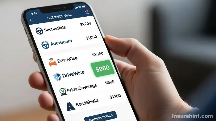 A smartphone screen showing an online tool to compare car insurance rates from multiple companies.