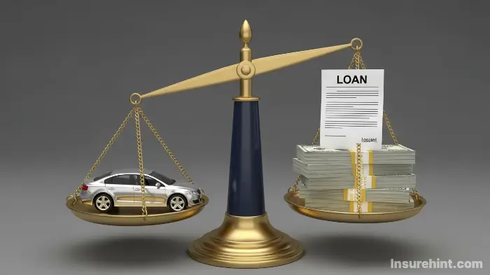 A scale showing a car's value is less than the loan amount owed, illustrating the need for GAP insurance.