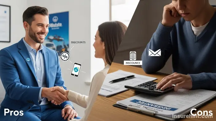 A split image showing the benefits and drawbacks of choosing Allstate home insurance.