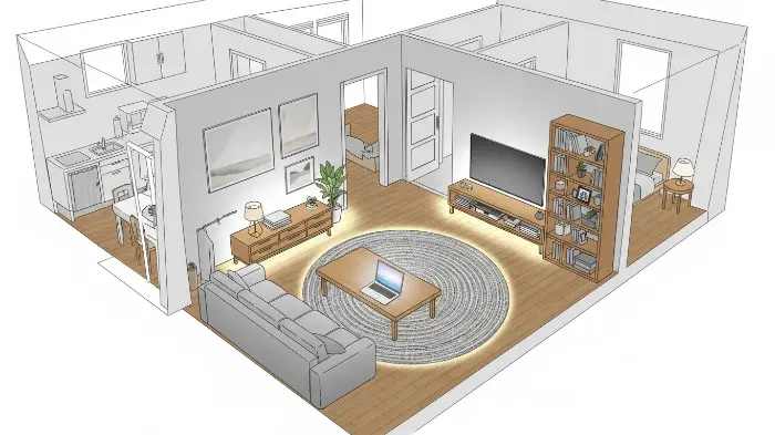 An overhead view of a living room with personal belongings highlighted to show what contents insurance covers.
