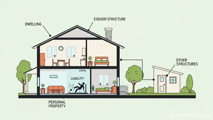 Infographic showing the core components of a standard homeowners insurance policy.