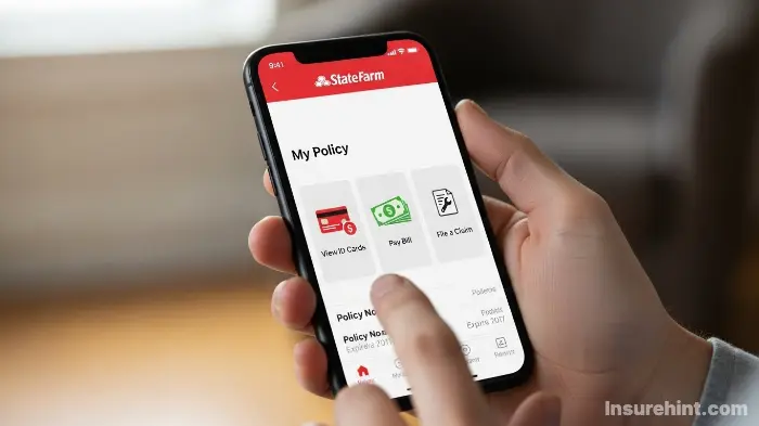A person using the State Farm mobile app on their smartphone to manage their insurance policy.