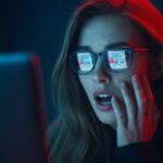 Content creator discovering a media liability insurance lawsuit risk on her laptop