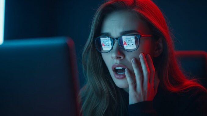 Content creator discovering a media liability insurance lawsuit risk on her laptop